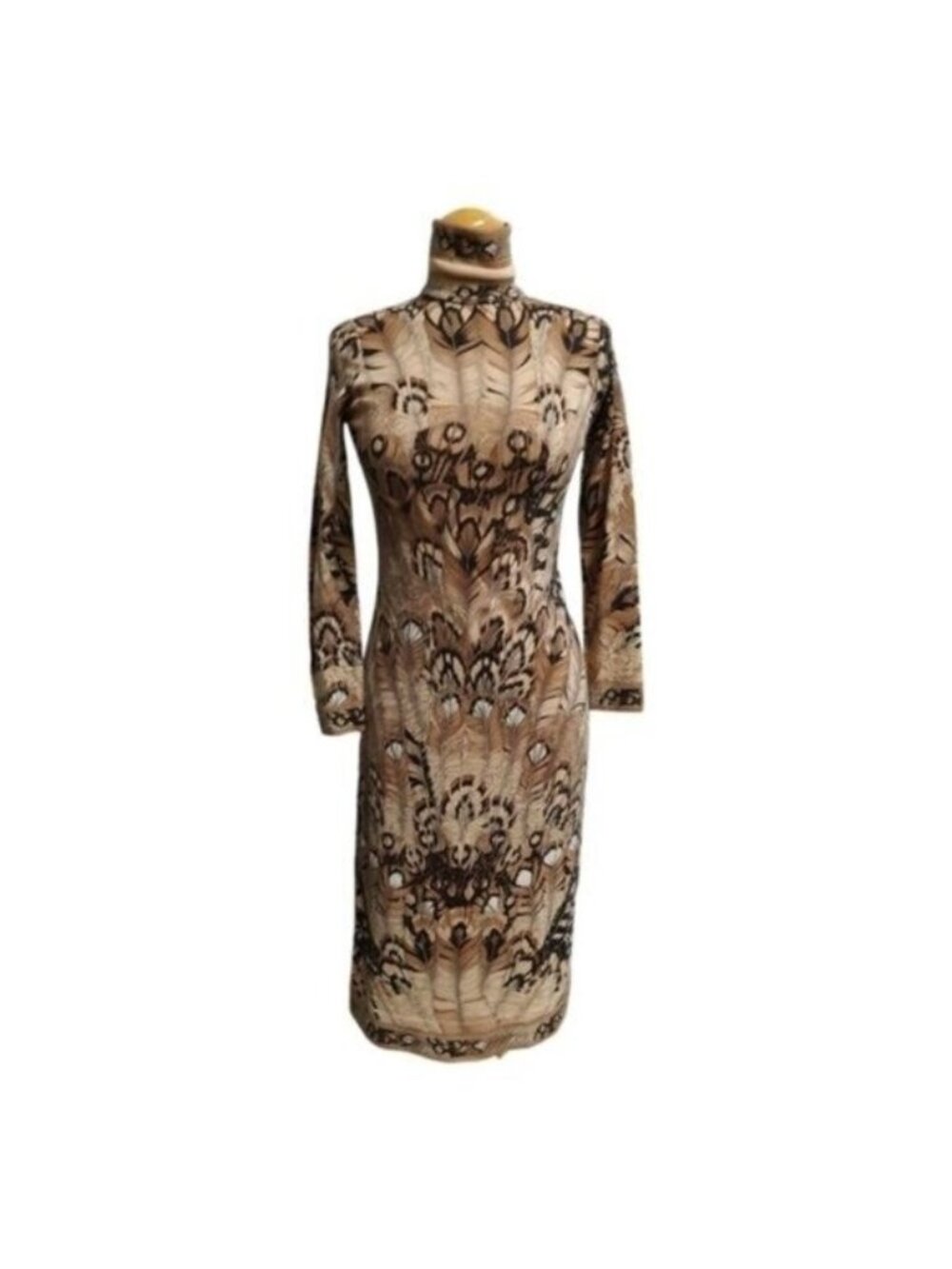 Vintage 70s Leonard Fashion Brown Feather High Neck Knit Wool Maxi Dress
